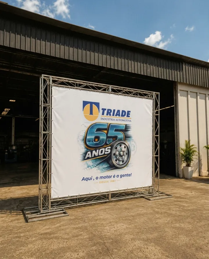 Backdrop em box truss Triade 65 anos em frente ao galpão
