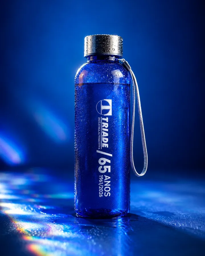 Garrafa azul personalizada Triade 65 anos