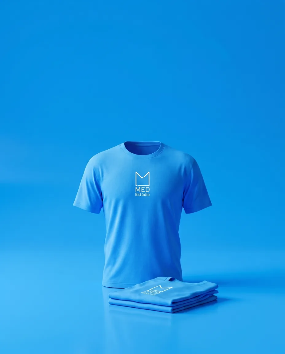 Camiseta azul com logo da Med Estúdio em estúdio com fundo azul