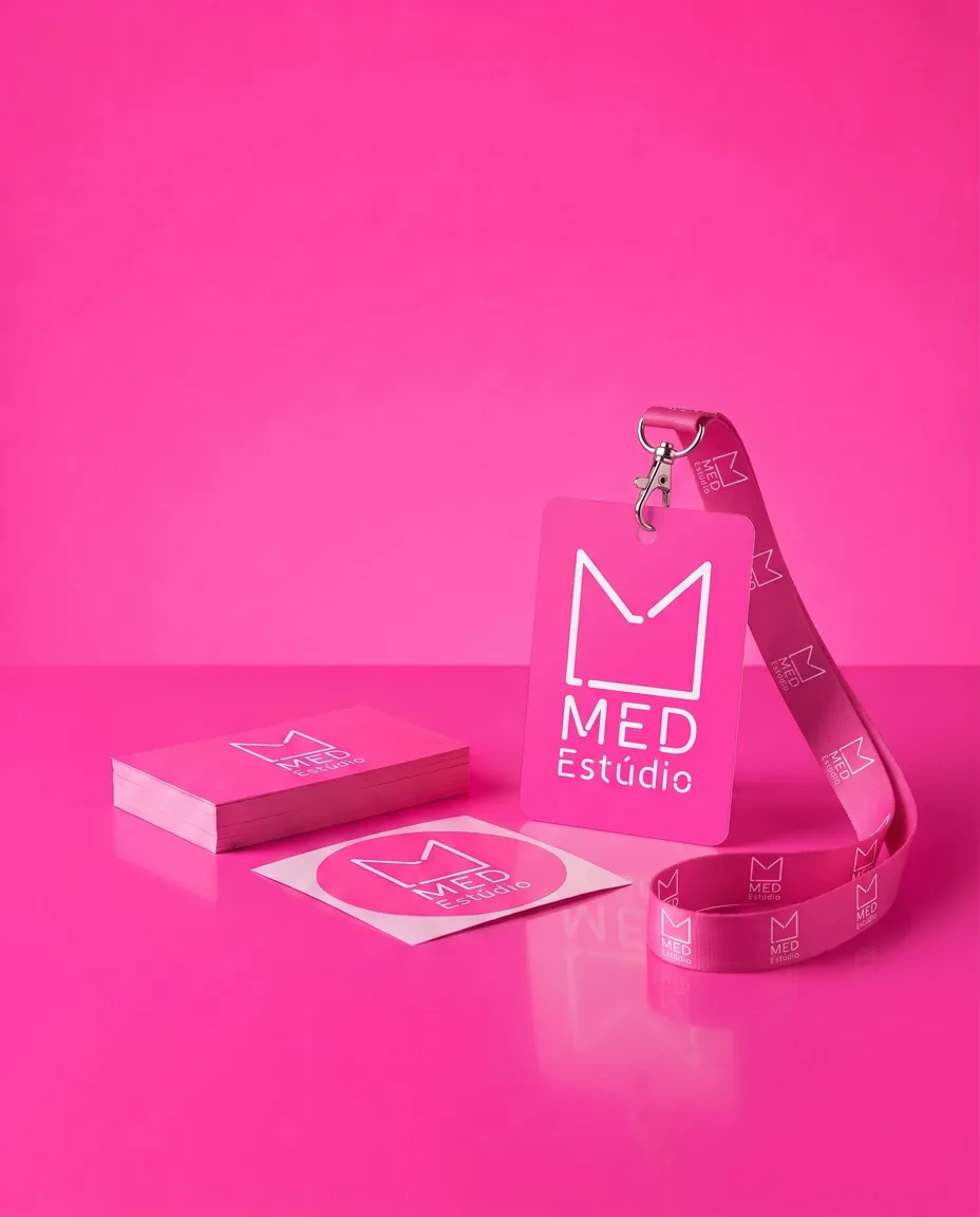 Cartões, adesivo e crachá com cordão rosa, com logo da Med Estúdio